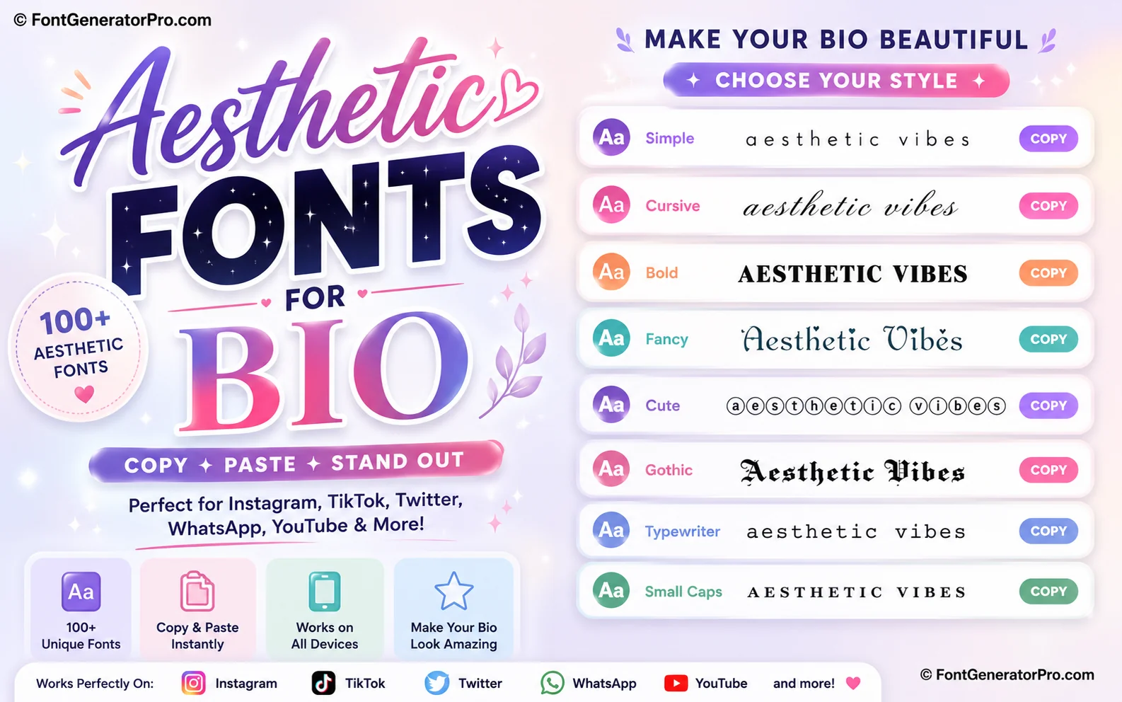 Soft aesthetic bio layout using minimal Unicode font styles and dividers