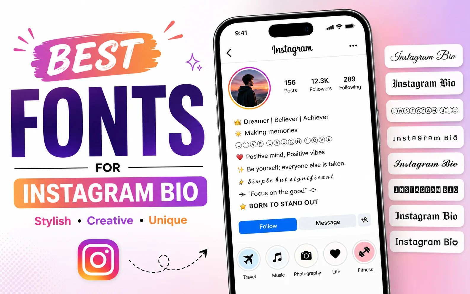 Instagram bio mockup styled with fancy cursive and bold copy-paste fonts