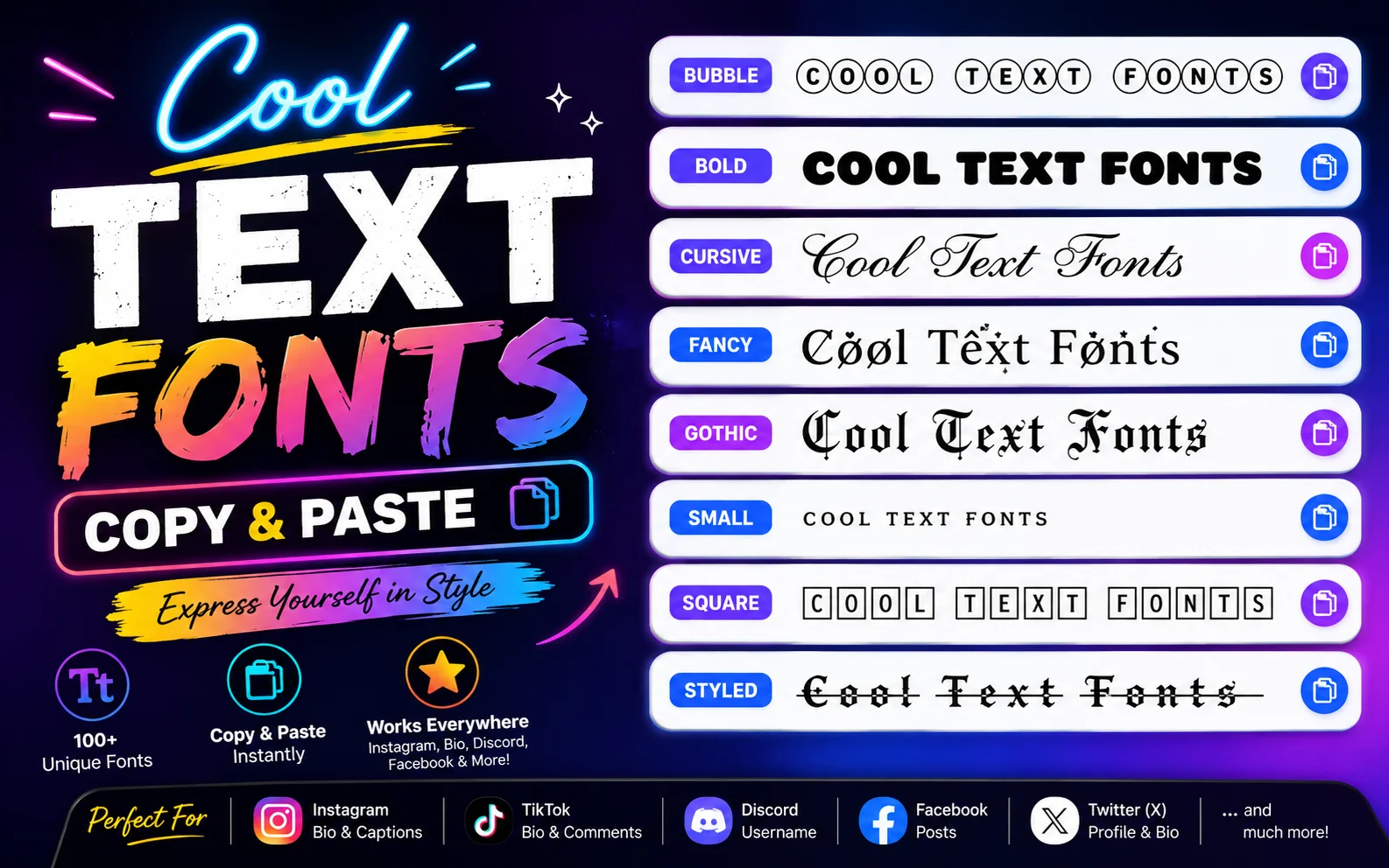 Grid of cool text font styles including bold, script, gothic, and bubble Unicode text