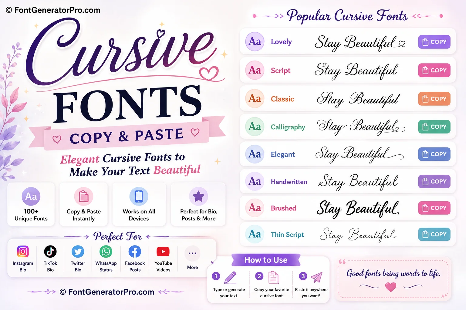 Flowing cursive Unicode script text used in a bio and caption