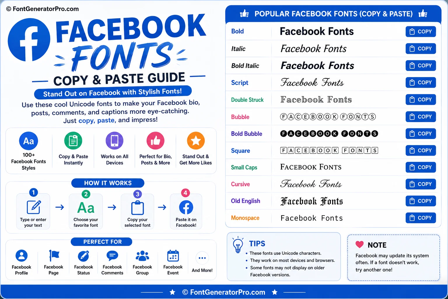 Facebook post styled with bold copy-paste Unicode text