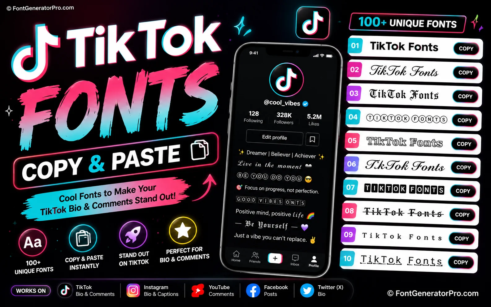 TikTok profile bio styled with fancy copy-paste Unicode fonts