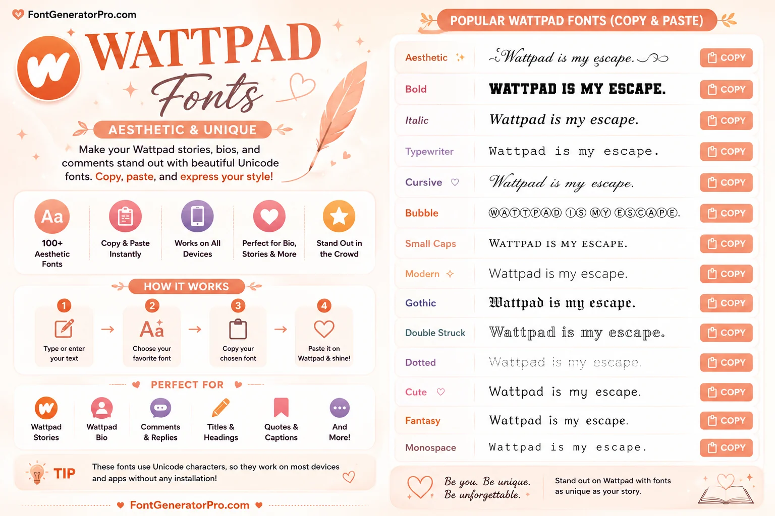 Wattpad-style story title and bio using aesthetic script and bold Unicode fonts